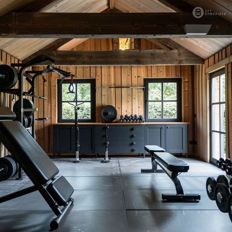 Home Gym Outbuilding, Attic Gym Ideas Exercise Rooms, Barn Gym Ideas, Rustic Home Gym, Workout Shed, Shed Gym Ideas, Loft Gym, Home Gym Shed, Barn Gym