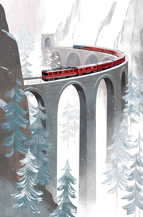 Lindgren & Smith | Jamey Christoph is represented by Lindgren Smith Illustration Train Artwork, Winter Train, Christmas Sketch, Snow Illustration, Christmas Landscape, Nursery Mural, Winter Illustration, Painting Snow, Train Art