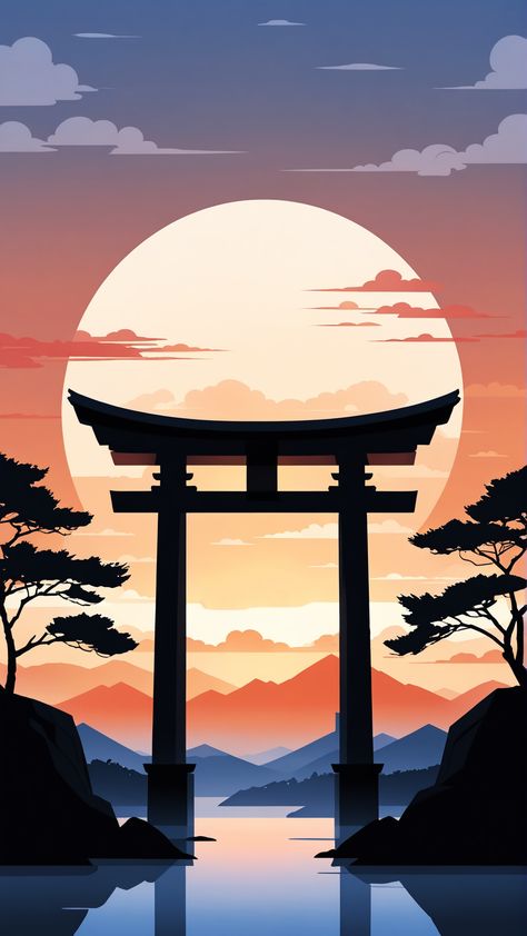 torii gate, japanese landscape, phone wallpaper, minimalist, minimalism, arch, sunset, poster, Japanese Architecture Painting, Torii Gate Wallpapers, Simple Landscape Illustration, Japanese Background Landscape, Japanese Minimalism Art, Japanese Art Landscape, Landscape Phone Wallpaper, Phone Wallpaper Minimalist, Japanese Sunset