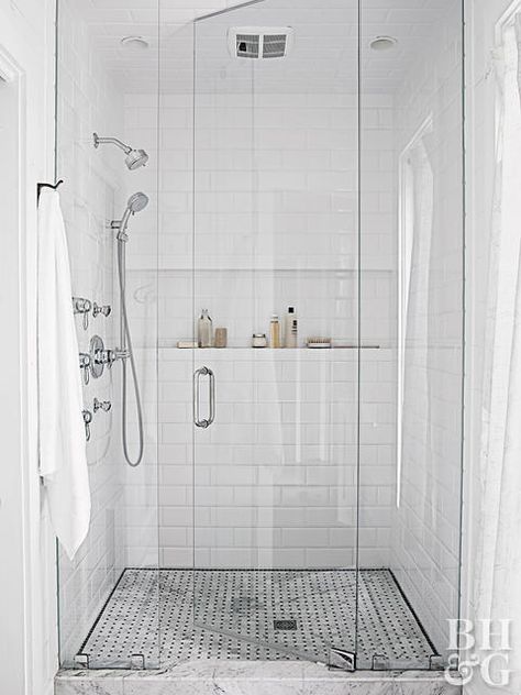 white tile walk-in shower with glass door Small Bathroom Upgrades, Tile Walk In Shower, Bathtub Design, Small Showers, Luxury Shower, Bathroom Remodel Shower, Bathroom Update, Glass Shower Doors, Bathroom Renos