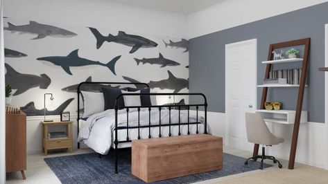 Shark-Theme Kids Bedroom with Oceanic Accents Design By Spacejoy Ocean Themed Bedroom For Boys, Shark Boys Room, Shark Theme Room, Ocean Bedroom Kids, Shark Themed Bedroom, Shark Bedroom, Shark Room, Ocean Bedroom, Ocean Themed Bedroom