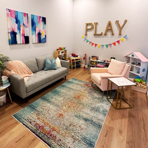 We recently built out a brand new office to hold 8 licensed professional counselors in Frisco, Texas. Here is our Play Therapy Room! Play Therapist Office Decor, Counseling Office Decor Therapy Room School Counselor, Counseling Room Design Counselor Office, Play Therapy Office Set Up, Therapy Room Aesthetic, Play Therapy Room Design, Therapy Aesthetic Room, School Therapy Office, Kids Therapy Office