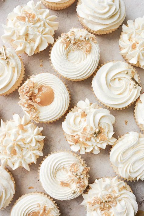 Lemon Cupcakes - Curly Girl Kitchen Cupcake Styling Photography, Cupcake Cakes For Weddings, White Fall Cupcakes, Country Chic Cupcakes, Fancy Cupcake Frosting, Wedding Theme Cupcakes, Wedding Cupcake Frosting Designs, Cream Color Cupcakes, Lemon Wedding Cupcakes