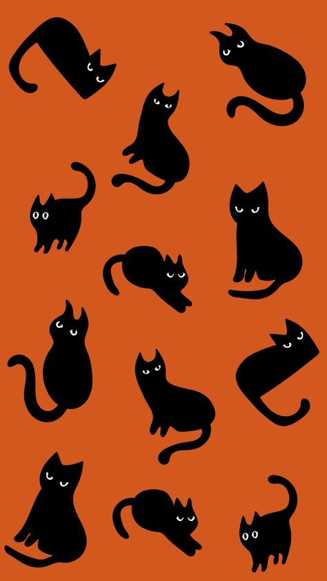 Cute black cats on a orange background. Free download wallpaper for Halloween. Halloween Tablet Wallpaper, Halloween Wallpaper Tablet, Halloween Wallpaper Black Cat, Halloween Black Cat Wallpaper, Spooky Cat Wallpaper, Halloween Patterns Wallpaper, Black Cat Halloween Wallpaper, Fall Cat Wallpaper, Cat Halloween Wallpaper