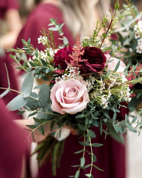 Burgundy and blush is one of my favorite color palettes for fall and winter weddings. 💕 We used a mix of ranunculus, roses, astilbe, waxflower, eucalyptus, and evergreens for this look. Photo + Video: @soulshine.photo.film Reception Venue: @enterprisemillevents Floral Design: @honeycombflorals Desserts: @nothingbundtcakes Ceremony Venue: @warren_baptist Blush And Burgundy Bouquet, Bridesmaid Flowers Pink, Blush Winter Wedding, Burgundy And Blush Wedding, Burgundy Bouquet, Winter Wedding Bouquet, Blush Wedding Flowers, Winter Wedding Colors, Blush Flowers