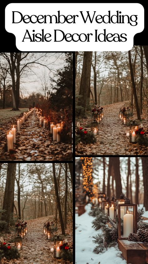 Elegant December wedding aisle decor with candles and simple boho outdoor style. Winter Wedding Background, Outdoor Winter Ceremony, Christmas Wedding Aisle, Diy Winter Wedding Decorations, Elegant December Wedding, Outdoor Christmas Wedding, Winter Wedding Decorations Diy, Wedding Aisle Decorations Outdoor, Outdoor Wedding Ceremony Aisle