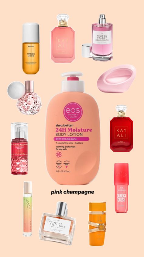 Peach 🍑 Prettiest Pink Champagne Eos Lotion Combo, Fresh And Cozy Eos Layering, Lotion Combos, Fragrance Combos, Scent Layering, Eos Lotion, Perfume Combos, Body Skin Care Products, Scent Combos