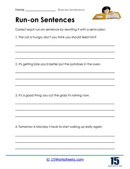 Run-on Sentences #3 Worksheet - 15 Worksheets.com Run On Sentences Worksheets, Proper Punctuation, Sentences Worksheet, Run On, Run On Sentences, Type Of Exercise, Tomorrow Is Monday, How To Wake Up Early, Punctuation