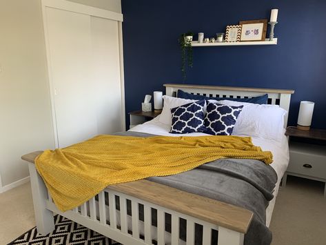 Grey navy mustard bedroom makeover sapphire salute Ochre Bedroom, Blue Yellow Bedrooms, Mustard Bedroom, Yellow Gray Bedroom, Mustard Yellow Bedrooms, Yellow Bedroom Ideas, Navy Bedrooms, Yellow Bedroom Decor, Bedroom Gray