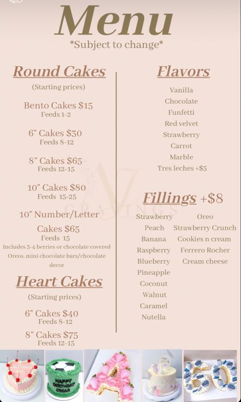 Pricing For Baked Goods, 6 Inch Cake Pricing, Pricing For Cakes, Home Baker Menu Ideas, Cake Username Ideas, At Home Cake Business, Cake Business Packaging Ideas, Craft Fair Baked Goods Table, Baking Business Menu Ideas