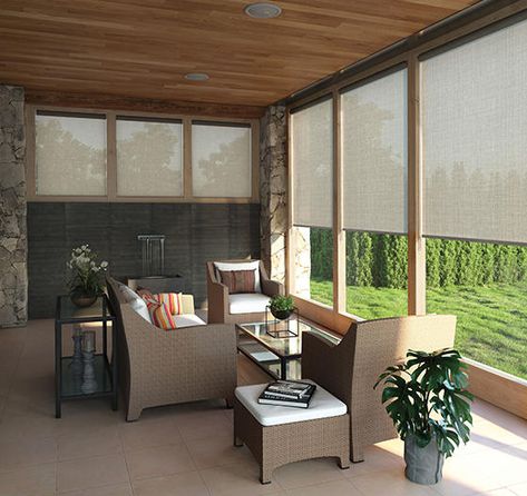 Custom Levolor Solar Shades at Lowe's Custom Blinds & Shades Store Roller Shades Living Room, Sunroom Blinds, Solar Roller Shade, Custom Window Coverings, Shade Store, Custom Blinds, Solar Shades, Patio Shade, Custom Windows