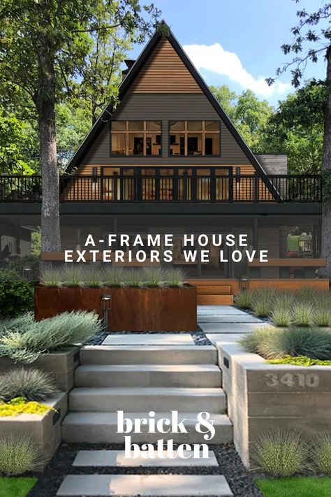 A-frames are both simple, with their straightforward triangular shape, and unique, because they’re fairly uncommon. Here, we’ve compiled a handful of our favorite a-frame and near-a-frame projects from over the years: https://bit.ly/3kQbqK3 Frame House Exterior Paint Colors, A Frame Siding Ideas, Log Cabin Lake House Exterior, A Frame House Makeover, A Frame Curb Appeal, A Frame Exterior Makeover, A Frame Cabin Exterior Colors, A Frame Paint Colors, A Frame House Exterior Color Schemes