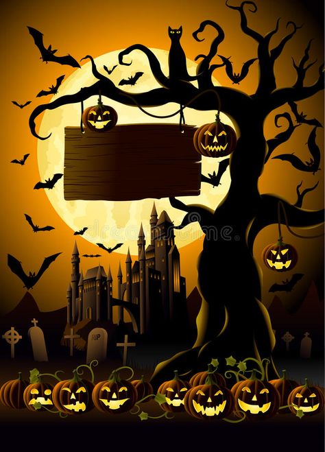 Halloween night stock vector. Illustration of dead, halloween - 26890795 Spooky Symbols, Holiday Horror, Pumpkin Scary, Tree Vector, Haunted Castle, Halloween Garden, Halloween Artwork, Halloween Vector, Halloween Illustration