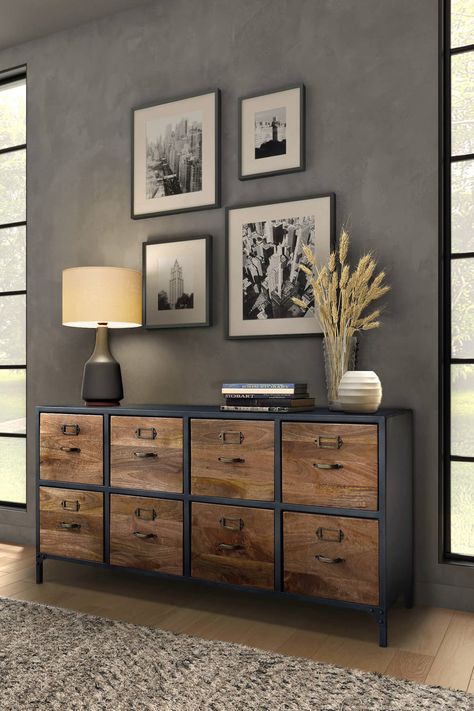 Black And Timber Furniture, Industrial Style Hallway, Tv On Sideboard, Bedroom Sideboard Styling, Dark Neutral Decor, Sideboard Styling Lounge, Organic Industrial Interior, Rustic Spanish Home, Tv Drawer