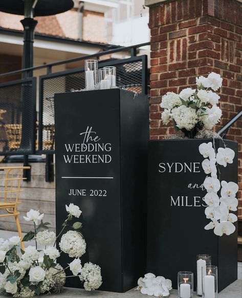 Black Flower Wall Wedding, Black Wedding Signage, Black And White Wedding Signage, Market Backdrop, Black Tie Wedding Decor, Land Photography, Cocktail Table Decor, Wedding Program Sign, Wedding Entrance Sign