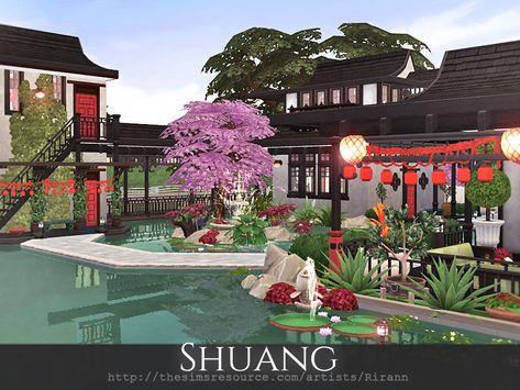 Shuang is a Chinese style home for a middle sim family. Found in TSR Category 'Sims 4 Residential Lots' Sims 4 Asian House, Sims 4 Japanese House, Inside Living Room, Sims Hairstyles, Chinese Mansion, Indonesian House, Ts4 Builds, Lotes The Sims 4, Sims Love