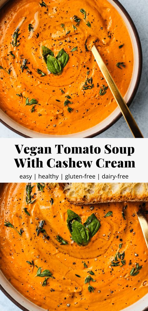 This Vegan Tomato Soup pairs roasted tomatoes, basil, garlic, and thyme with a delicious cashew cream base. It’s easy to make and incredibly healthy. For both vegans and dairy-lovers alike! #vegan #tomatosoup #dairyfree #easyrecipe #winter #healthyrecipe #cashewcream Vegan Cream Of Tomato Soup, Soup Recipes Healthy Low Calories, Easy Healthy Soup, Soup Tomato, Vegan Tomato Soup, Cream Of Tomato Soup, Vegetable Soup Healthy, Ken Follett, Healthy Recipes Clean