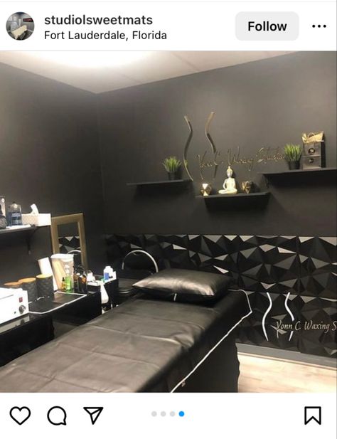 Black And White Wax Room, Wax Technician Room, Lash Suite Ideas Black, Black Wall Lash Room, Esthetician Studio Black, Pmu Room, Esthetician Suite, Waxing Room, Esthetician Room Decor