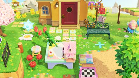 Acnh Stitches Yard, Acnh Stitches, Kidcore Island, Acnh Inspo, Animal Crossing, Kids Rugs, Yard, Fruit, Animals