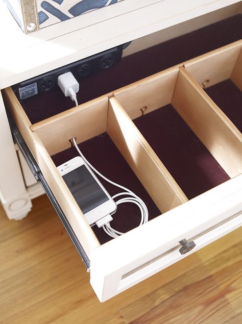 Hidden charging stations for convenience and clutter-free surfaces. HGTV HOME Furniture Ikea Variera, Charging Station Drawer, Phone Charging Station, Drawer Organization, Hidden Kitchen, Charging Stations, Smart Kitchen, Kitchen Cabinet Organization, Cabinets Organization