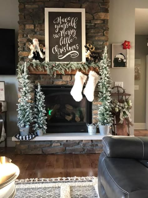 Small Christmas Trees By Fireplace, Tall Fireplace Christmas Decor, Christmas Harth Decorations, Christmas Decorated Fireplaces, Christmas Corner Fireplace Decor, Kirklands Home Decor Christmas, Christmas Fireplace Mantels Farmhouse, Rustic Christmas Fireplace Mantels, Rustic Christmas Fireplace Decor