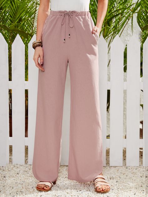 EMERY ROSE Lace-up Slant Pocket Wide Leg Pants Cheap Pink Straight Leg Pants, Pink Straight Leg Cargo Pants With Side Pockets, Elegant Pink Straight Leg Pants, Baggy Pink Straight Leg Pants, Pink Straight Pants With Side Pockets, Heaven Clothes, Couple Wedding Dress, Straight Leg Pant, Women Bottoms