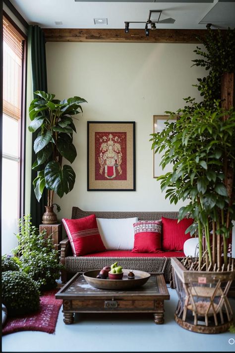 Bring the vibrant spirit of India into your living room with lush greenery. Discover inspiring decor ideas featuring traditional Indian elements and stunning plant arrangements for a unique and welcoming space. South Asian Home, Oasis Living Room, Indian Plants, Indian Living Room Decor, Indian Elements, Living Room Plants Decor, Living Room Drawing, Plant Arrangements, Indian Living Room