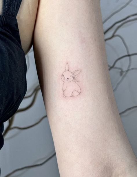 Bunny With Bow Tattoo, Cartoon Bunny Tattoo, Angel Bunny Tattoo, Coquette Tattoo Ideas, Cute Bunny Tattoo, Soft Tattoo, Bunny Tattoo, Tiny Tattoos For Women, Rabbit Tattoo