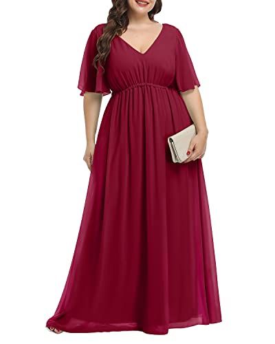 Pinup Fashion Women's Plus Size Chiffon Double V-Neck Empire Waist Ball Gowns for Evening Party Formal Maxi Dress Empire Waist Gown, Wedding Plus Size, Womens Bridesmaid Dresses, Formal Maxi Dress, Floor Length Maxi Dress, Empire Waist Maxi Dress, Plus Size Formal, Sequin Maxi Dress, Sequin Maxi