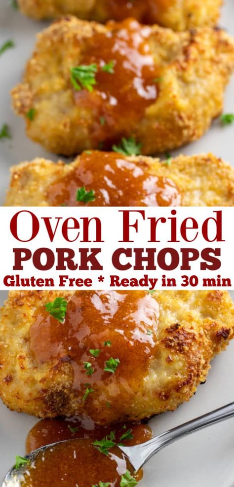 Oven Baked Pork Chops Boneless Gluten Free, Gluten Free Baked Pork Chops, Gluten Free Boneless Pork Chop Recipes, Crispy Oven Fried Pork Chops, Crispy Boneless Pork Chops, Oven Fry Pork Chops, Oven Fried Pork Chops Boneless, Gluten Free Fried Pork Chops, Gluten Free Breaded Pork Chops