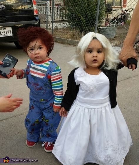 Chucky and Bride of Chucky Halloween Costumes for Babies Toddler Chucky Costume, Chucky And Bride, Bride Of Chucky Halloween, Brother Sister Halloween Costumes, Chucky Halloween Costume, Chucky Bride, Chucky Halloween, Chucky Costume, Halloween Costumes 2014