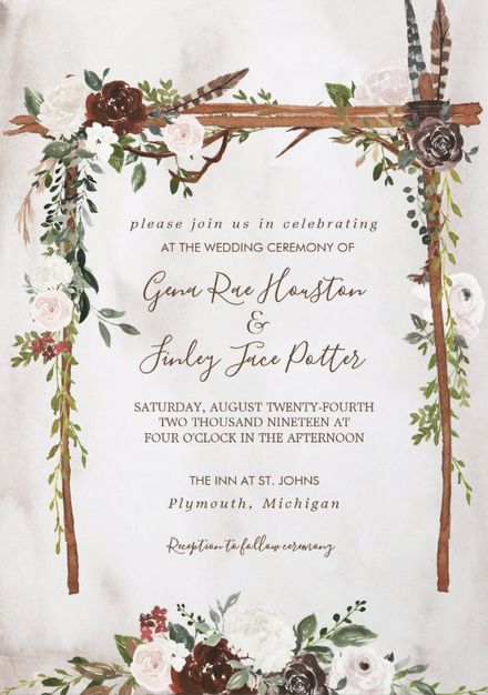 Beautiful watercolor wedding invitations featuring boho rustic florals in burgundy, chocolate, white and blush, in a wood canopy arch with floral and feathers. Perfect for your outdoor, rustic, nature, or boho themed wedding ceremony. afflink Brunch Ideas Bridal, Fall Bridal Shower Ideas, Bridal Brunch Ideas, Romantic Modern Wedding, Boho Themed Wedding, Canopy Wedding, Woodland Wedding Invitations, Farm Wedding Ideas, Rustic Woodland Wedding