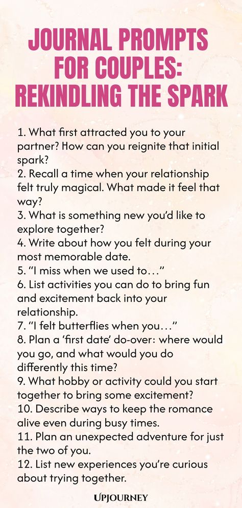 Explore these thoughtful journal prompts for couples to help rekindle the spark in your relationship. Take time to reflect, communicate, and connect on a deeper level with your partner. Strengthen your bond and create memories together by engaging in these meaningful prompts designed to bring you closer together. Whether you've been together for years or just starting out, these prompts will inspire open and honest conversations that can reignite the passion between you two. Writing Prompts For Relationships, Journal Prompts For Couples, Prompts For Couples, 100 Journal Prompts, 30 Day Writing Challenge, Work Etiquette, Psychology Terms, Anniversary Journal, Relationship Quizzes