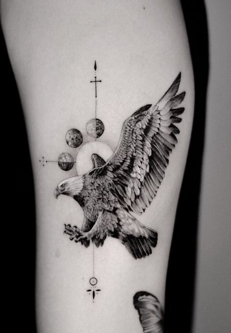 Eagle Tattoos: Meanings, Tattoo Designs & Tattoo Ideas Eagle Back Tattoo, Micro Realism Tattoo, Bald Eagle Tattoos, Small Eagle Tattoo, Micro Realism, Hawk Tattoo, Tattoo Background, Skeleton Hand Tattoo, Eagle Tattoos