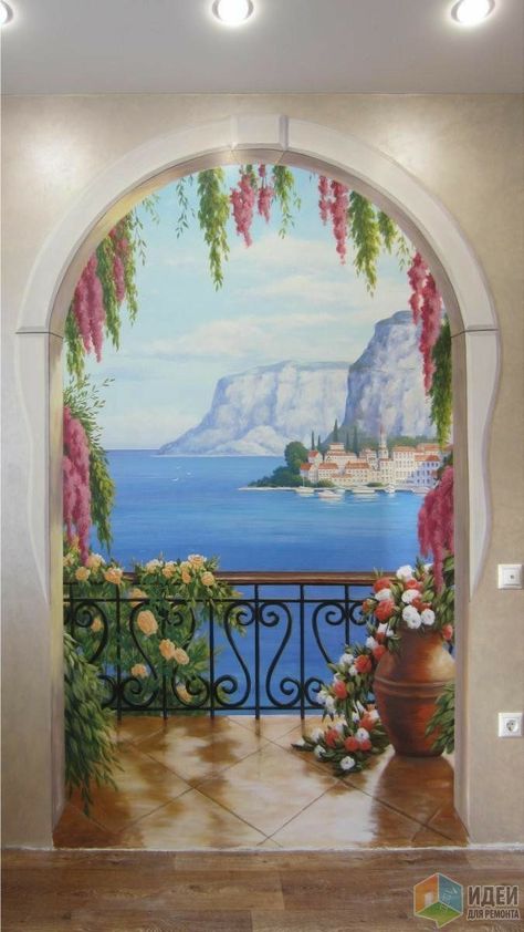 Italy Scenery Painting, Wall Painting Aesthetic, Wall Painting Landscape, Balcony Wall Art, Drawing On Wall, Murals Wall Art, Painting On Wall, Greece Painting, Mural Paintings