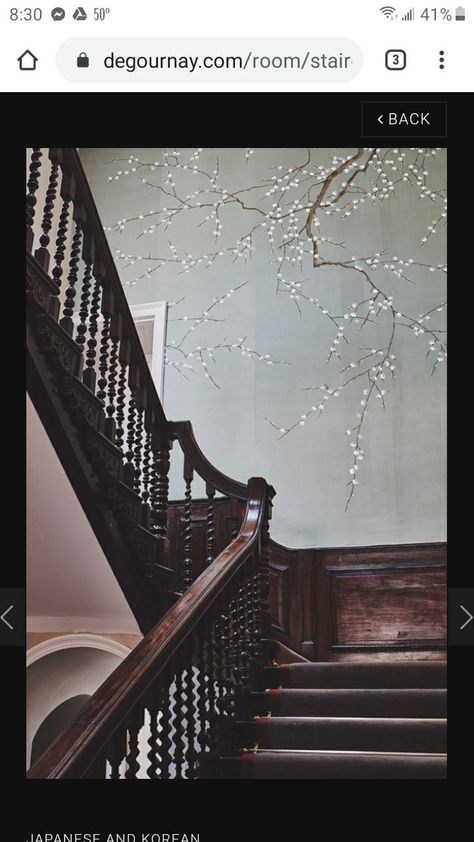 Blossoms tree branch Staircase Wallpaper, Wallpaper Staircase, Hallway Wallpaper, Country House Wedding Venues, Staircase Wall, Hand Painted Wallpaper, Chinoiserie Wallpaper, Wallpaper Image, Hand Painted Walls