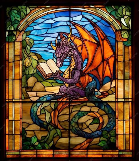 Premium Photo | A close up of a stained glass window with a dragon reading a book generative ai Dragon Reading A Book, Stained Glass Dragon, Dragon Reading, Dragonfly Drawing, Steampunk Dragon, Glass Dragon, Dragon Glass, Door Decs, Glass Book