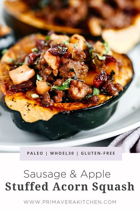 Apple Stuffed Acorn Squash, Sausage Kale, Stuffed Acorn Squash, Sweet Apples, Acorn Squash Recipes, Acorn Squash, Fall Dinner, Squash Recipes, Whole 30 Recipes