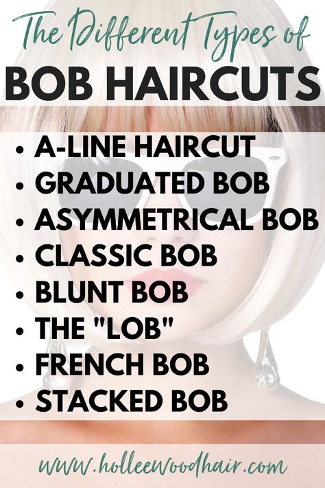 Want to learn about the different types of bobs? Get ready to transform your look with these amazing bob haircuts! From blunt bobs to layered bobs, explore the endless possibilities for these chic and trendy hairstyles. Whether you're craving a sleek and edgy vibe or a playful and bouncy style, this collection of the different bob haircuts has got you covered! Graduated Bob Haircuts Short, Types Of Bob Haircut, Different Types Of Bobs, Types Of Bobs, Bob Inverted, Inverted Bob Cuts, A Line Long Bob, Bobs Hairstyles, Tapered Bob