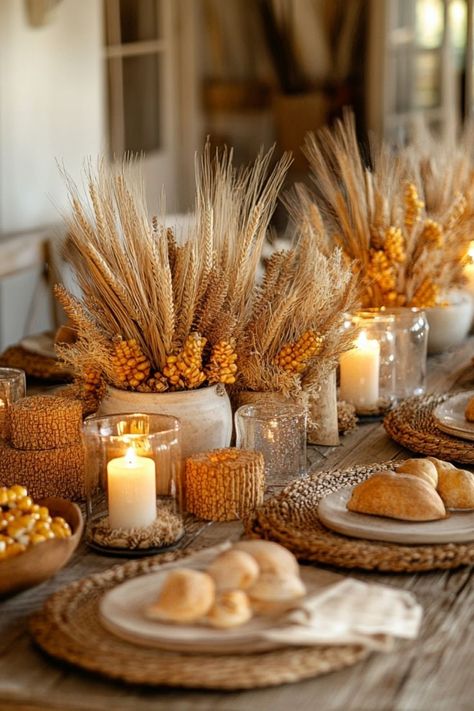 Make DIY centerpieces with dried corn and wheat stalks for a rustic Thanksgiving touch. #ThanksgivingDIY #RusticCenterpieces #SeasonalStyle Thanksgiving Tables, Rustic Thanksgiving, Dried Corn, Cozy Dinner, Thanksgiving Diy, Rustic Centerpieces, Diy Centerpieces, Thanksgiving Decor, Thanksgiving Table