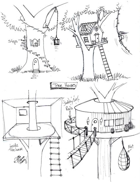 Draw Tree, Tree House Drawing, House Drawing For Kids, Simple Tree House, House Design Drawing, Tree House Plans, Little House Plans, Tree House Designs, House Sketch