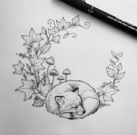 Fox And Bee Tattoo, Autumn Fox Tattoo, Autumn Fox Drawing, Fox Sleeping Tattoo, Geometric Fox Tattoo Design, Woodland Creature Tattoo Ideas, Fox Nature Tattoo, Autumnal Tattoo Ideas, Fox Mushroom Tattoo