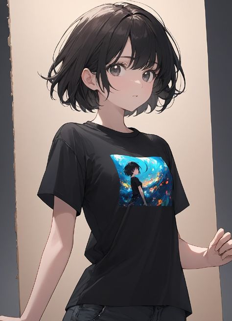 1girl, solo, short dark hair, black t-shirt, dynamic pose Short Brown Hair Anime Female, Anime Women With Short Hair, Short Brown Hair Anime, Anime Female Short Hair, Short Anime Hairstyles Female, Anime Short Hair Female, Short Hair Anime Female, Dark Hair Black, Short Hair Anime