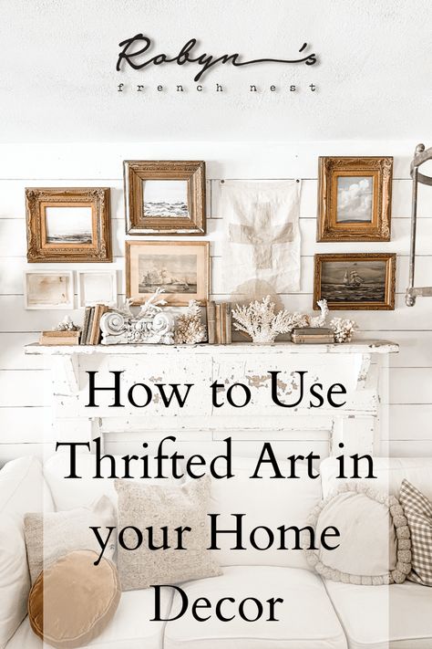 Thrifted art is fun to look for and a beautiful way to decorate your home for the seasons. Check out these easy ways to display thrift store paintings as part of your vintage decor! Thrifted Art, Thrift Store Art, Vignette Styling, Coastal Cottage Style, Vintage Vignettes, Vintage Ideas, Vintage Inspired Decor, Christmas On A Budget, Old Frames