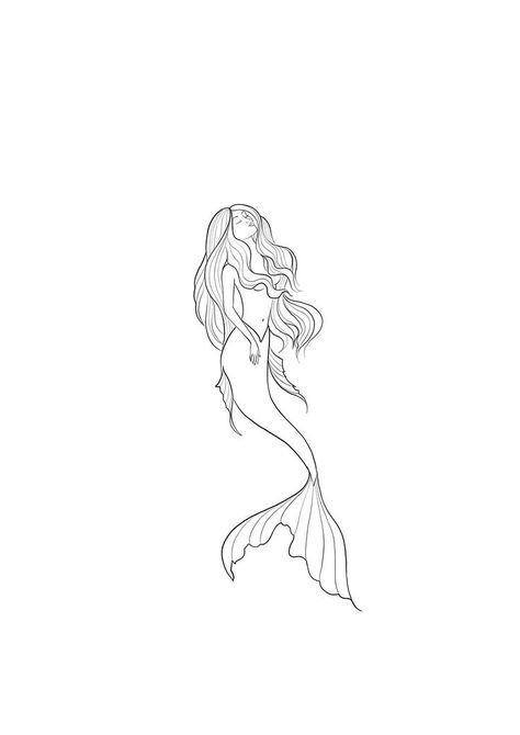 Pretty Mermaid Tattoo, Mermaid Tiny Tattoo, Simple Mermaid Tattoo Ideas For Women, Mermaid Tattoo Outline, H2o Just Add Water Tattoo, Mermaid Outline Drawing, Dainty Mermaid Tattoo, Mermaid Fine Line, Mermaid Line Tattoo