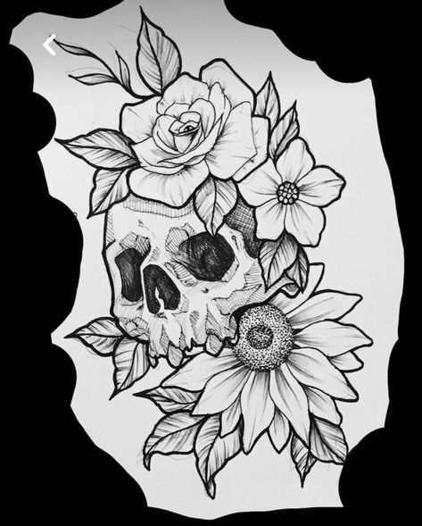 Skull And Sunflower Tattoos For Women, Traditional Skull And Flower Tattoo, Skull Sunflower Drawing, Skull With Sunflowers Tattoo, Sunflower And Skull Tattoo, Skull And Sunflower Tattoo, Sunflower Skull Tattoo, Skull And Flowers Tattoo Design, Dia De Los Muertos Tattoo Ideas