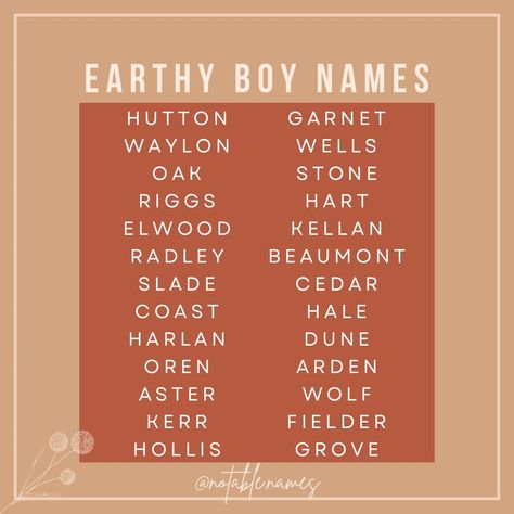 Sweet and kind, these earthy boy names are perfect for your baby boy. Whether you want a name that feels grounded and soft, or a name that feels strong and powerful an earthy baby name can fit the bill. I love a good nature name, and this list has them in spades! From standout word names that tell it like it is, to more subtle nature connections. What's your fave earthy baby boy name? #babyboynames #boynames #earthybabynames #naturenames #babynameinspo #nameinspo #babynameideas #nameideas Nature Boy Names, Earthy Names, Nature Names For Boys, Earthy Boy Names, Word Names, Character Creating, Oc Names, Nature Names