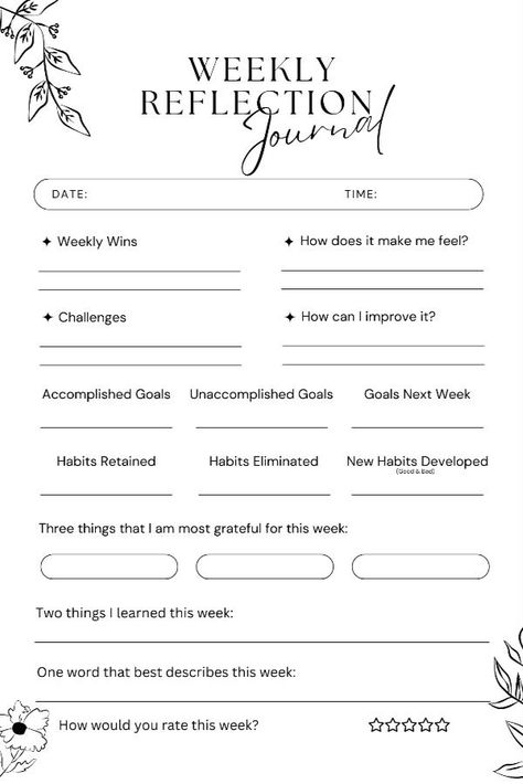 Weekly Reflection Journal Weekly Review Print Weekly Review Questions, Week Reflection Journal, Weekly Reflection Journal Prompts, Weekly Reflection Journal, Recovery Activities, Reflective Journaling, Weekly Reflection, Monthly Reflection, Planner Goals