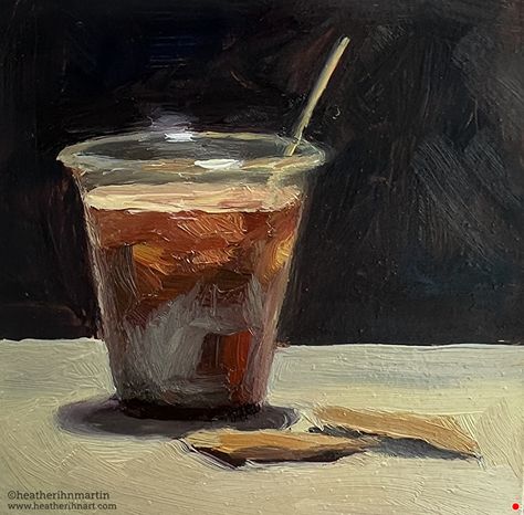 Iced Coffee by Heather Martin, Oil, 3 x 3 x .75 Still Life Coffee Painting, Heather Martin, Iced Coffee Aesthetic, Painting Studies, Coffee Bean Art, Coffee Artwork, Paint Inspo, Coffee Painting, Oil Pastel Art