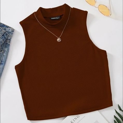 Shein Rust Brown Mock Neck Rib-Knit Tank Top. Size Medium. Never Worn. 95% Polyester. 5% Spandex. Tank Tops Outfit, Black Wool Blazer, Solid Tank Tops, Fashion Tops Blouse, Women Tank Tops, Causual Outfits, Crop Top Outfits, Shein Tops, Knitted Tank Top